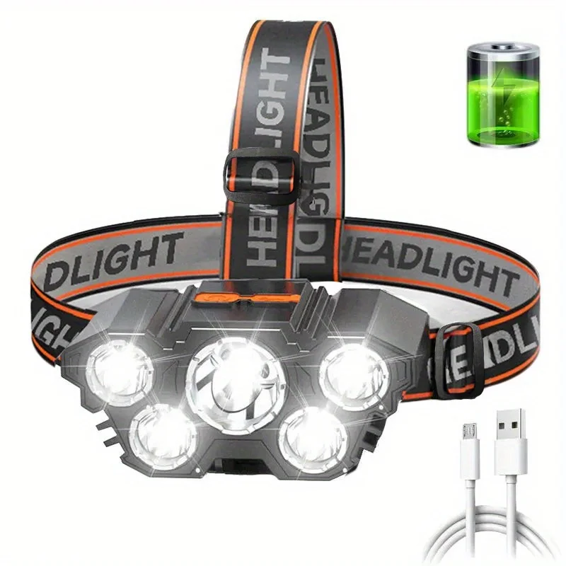 Super Brightest Powerful 5 LED Headlamp Rechargeable Flashlight Waterproof Headlights Head Torch Outdoor Camping Running Lamp: Default Title