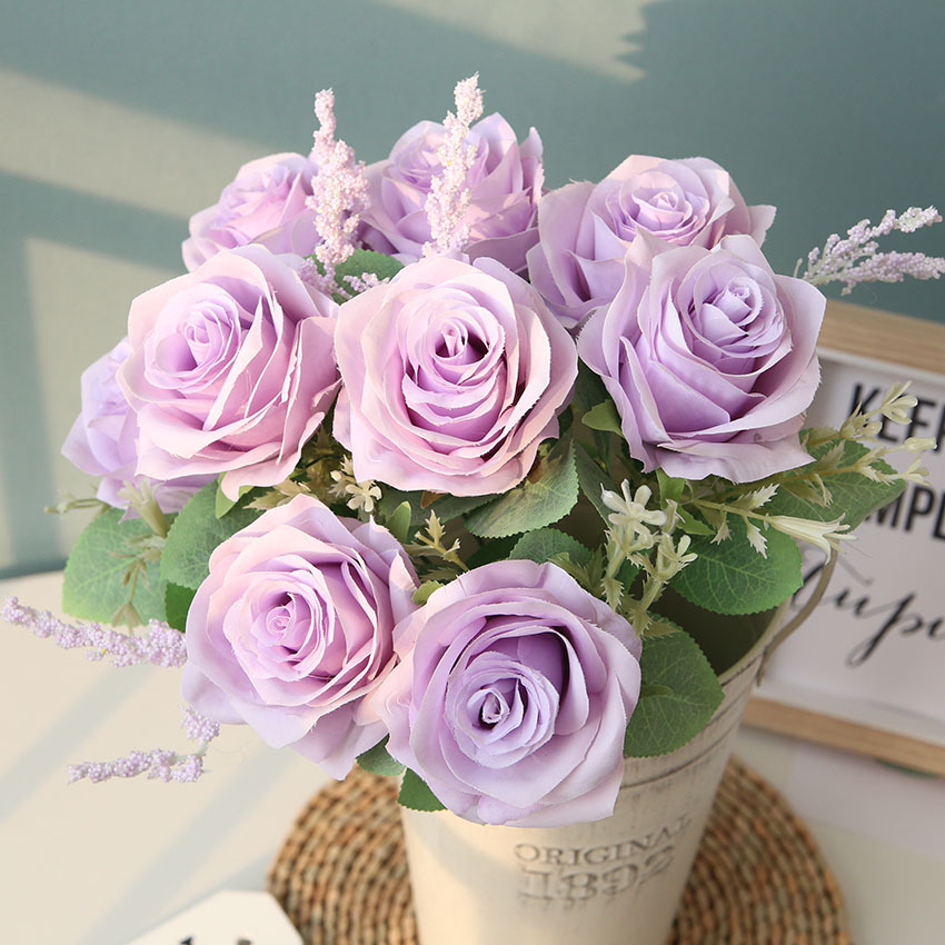 Ramo de rosas artificiales de seda púrpura, arreglo de flores de simulación para de boda, hogar, jardín, sala de estar, decoración de escritorio: violet