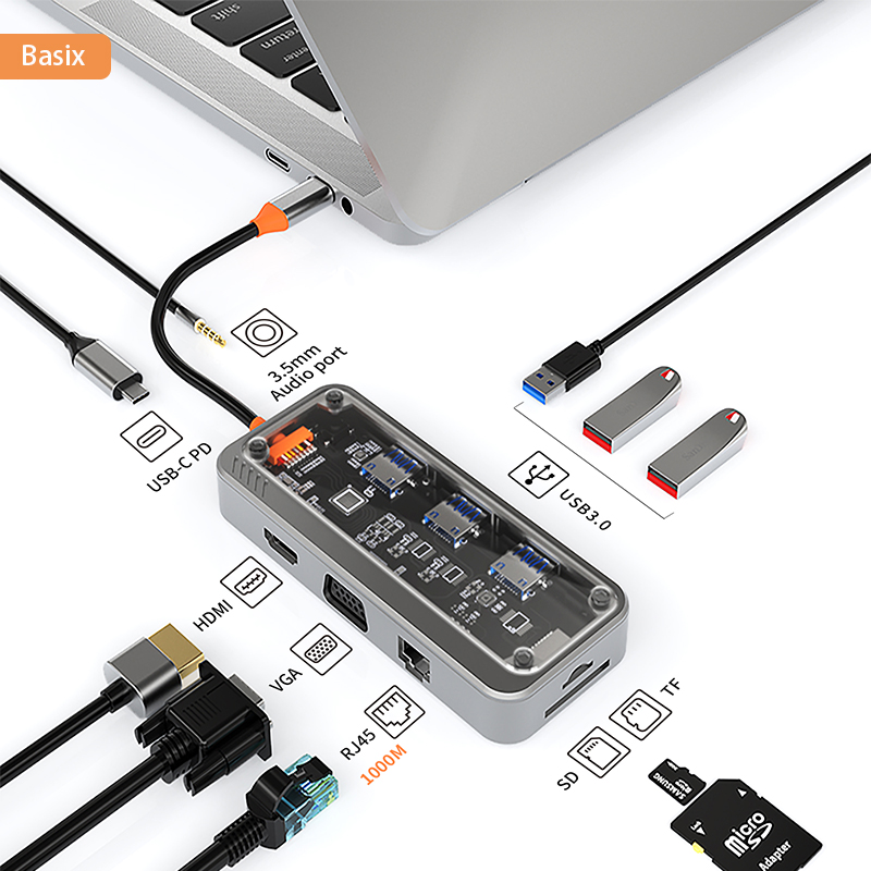 Usb c hub 10in1 HUB 4K30Hz Dock Station Type C to HDMI-Compatible PD100W RJ45 Ethernet for MacBook iPad Huawei Sumsang Phone