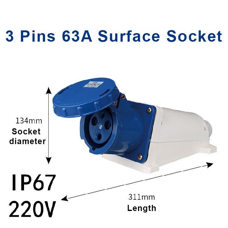 Industrial Plug Socket Waterproof Aviation Explosion-proof Connector Surface And Concealed 3 4 5 Core Pins 63A/125A IP67: 3 Pins 63A Surface