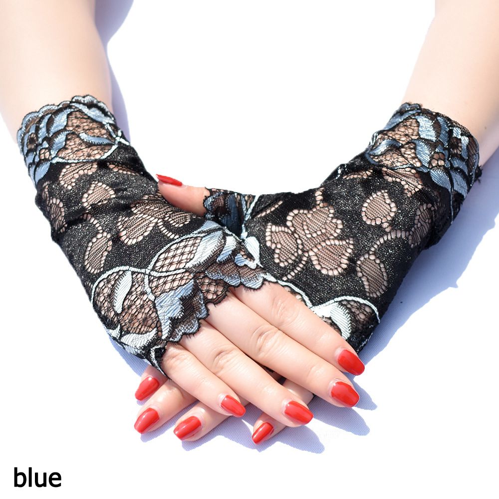 Women Sexy Fingerless Gloves Half Finger Sunscreen Short Lace Gloves Rose Flower Pattern Festival Gloves: blue