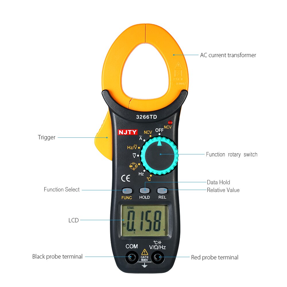 Njty 4000 Telt Digitale Stroomtang Auto Range Multimeter Met Ncv Test Ac/Dc Spanning Stroom Lcd Diaplay Handheld multimeter