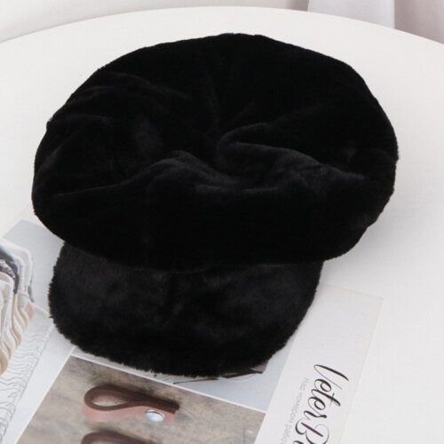 HT2209 sombreros de Otoño Invierno para mujer, boinas de piel de forro polar suave para mujeres plano liso octogonal Newsboy Caps Vintage Artist Painter Women Cap: Negro