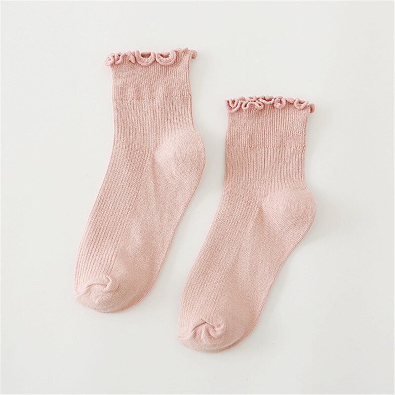 RMSWEETYIL Women Ruffle Frilly Socks Cute Lace Lettuce Kawaii Casual Solid Color Ladies Cotton Knit Ankle Low Cut Dress Sock: Socks 09