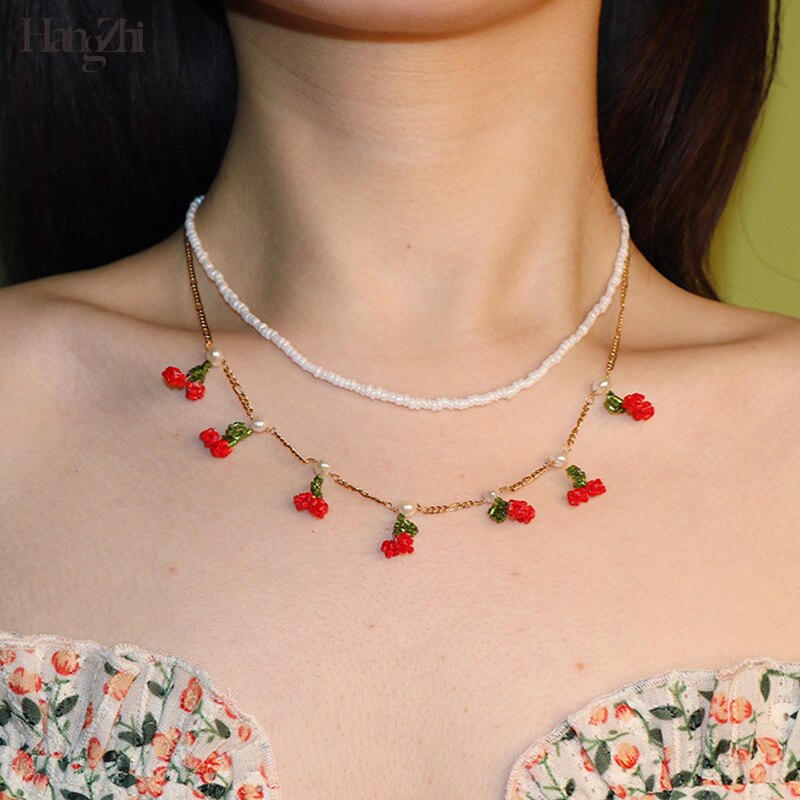 HangZhi Korean Summer Sweet Red Cherry Pineapple Fruits Colorful Beaded Choker Necklace for Women Jewelry