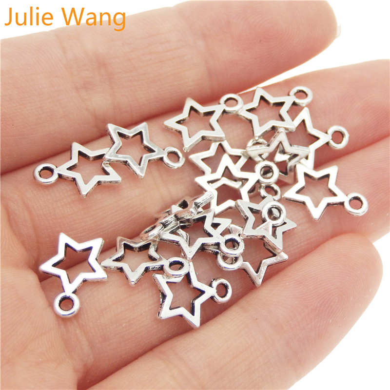 Julie Wang 50 Stck Hohl Fünf-Stern Reize Helle Silber Überzogene Mini Legierung Modeschmuck Stern Anhänger Charme