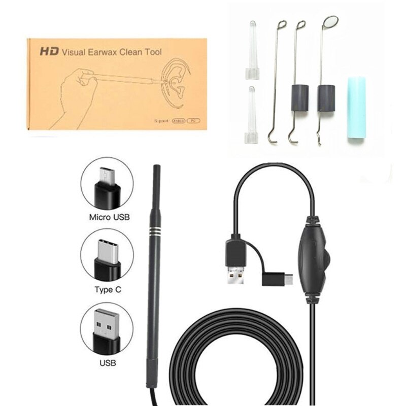 3 in 1 multifunktionelt usb-øre rengøringsværktøj visuel øre ske øreplukker med mini kamera pen ørepleje in-ear rengøring endoskop: Sort