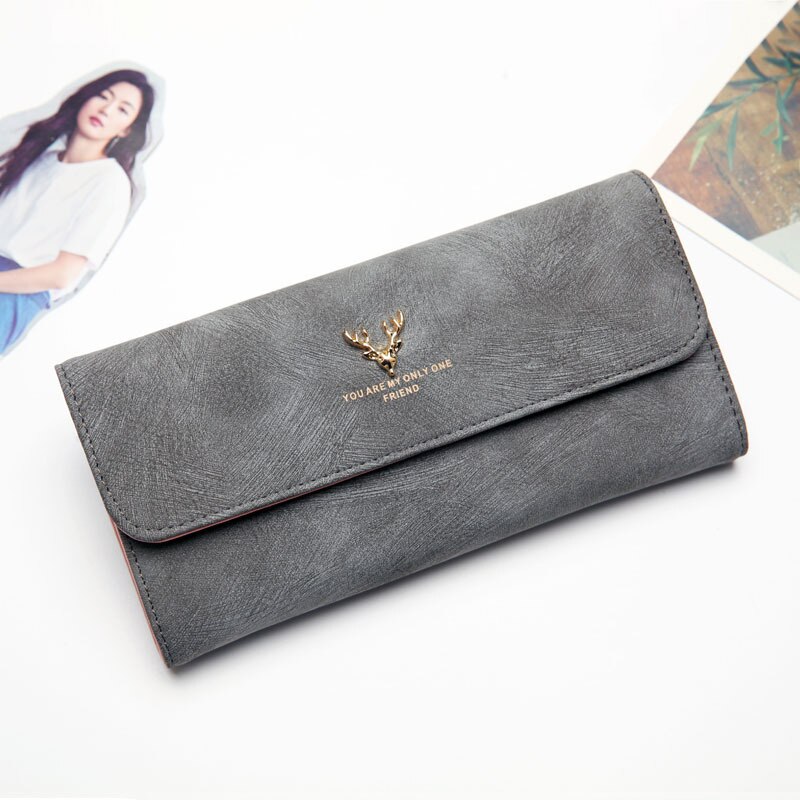Cartera para mujer, bolso largo de piel con cuernos, monedero para mujer, bolso de mano para teléfono, cartera para mujer, tarjetero, Bolsa Vintage femenina: Gray