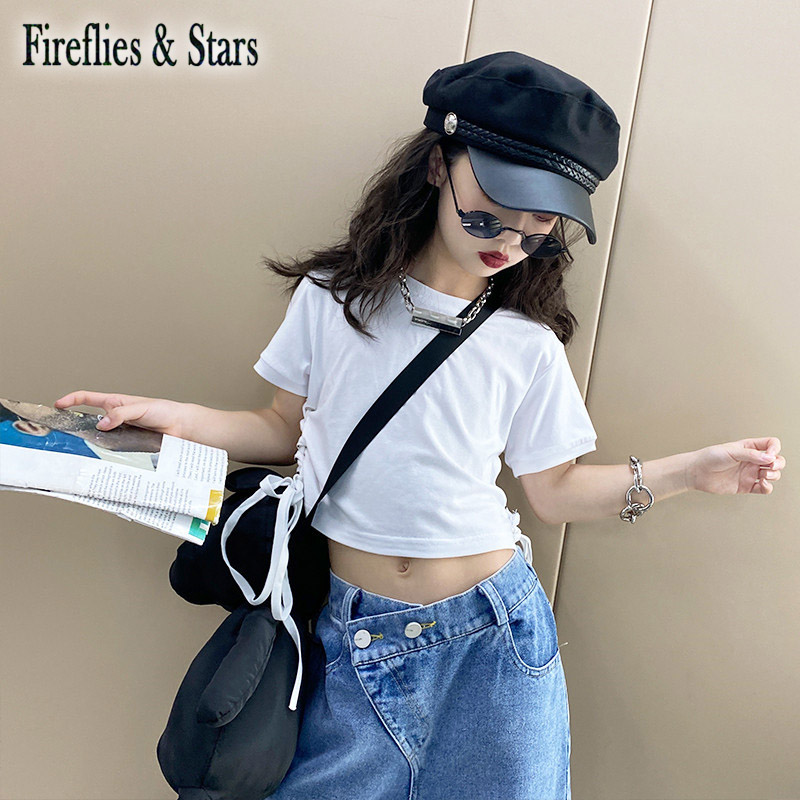 Sommer piger t-shirt baby t-shirt børn crop top børn streetwear tøj solid side nitte crop snøring 4 to 13 år