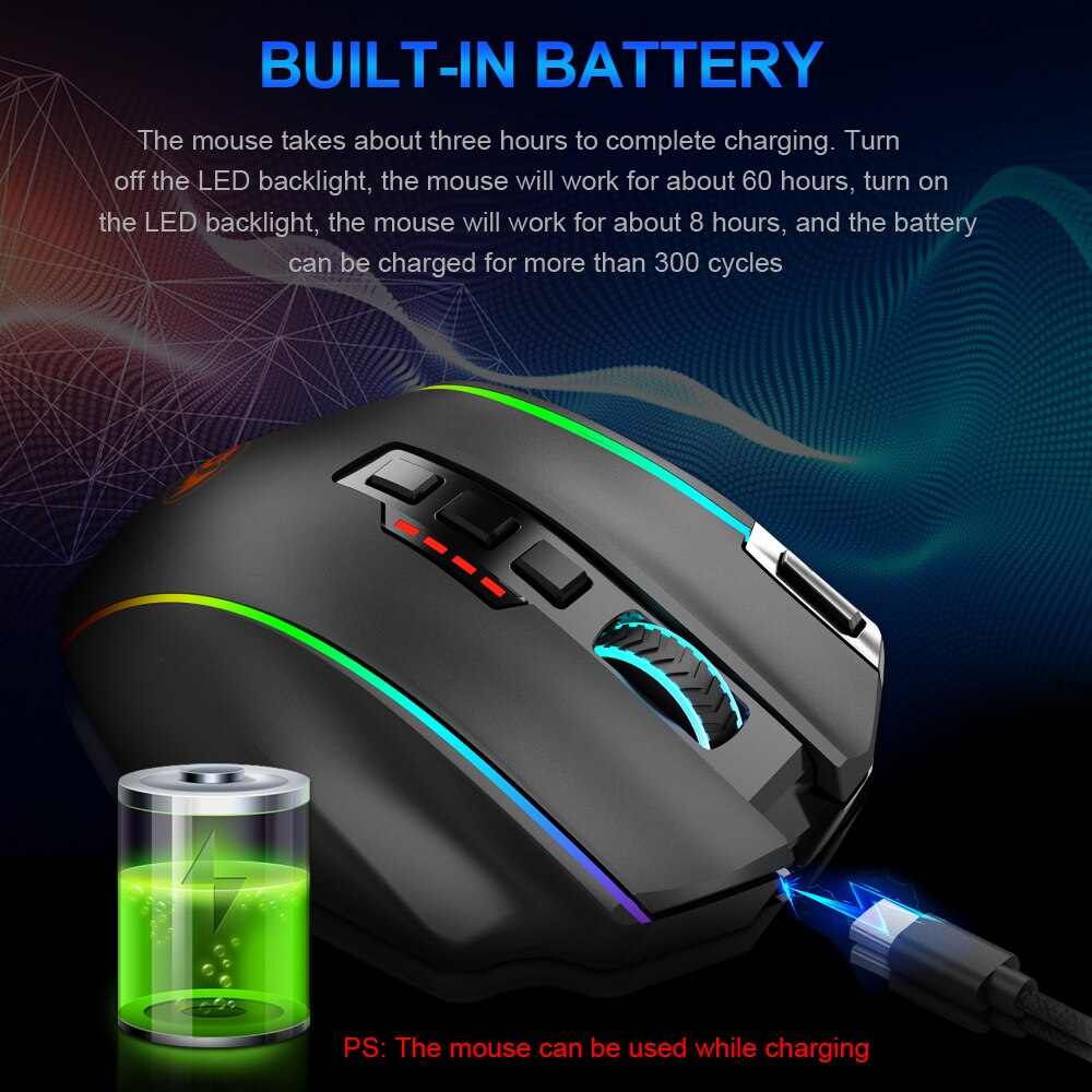REDRAGON-ratón inalámbrico para juegos, periférico ergonómico programable con 19 botones, Perdiction M901-KS Elite, RGB, USB, 2,4G, 16000DPI
