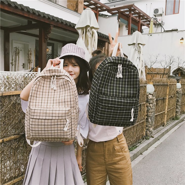 Japanese fresh canvas girl backpack female Korean School schoolbag female student Plaid Backpack