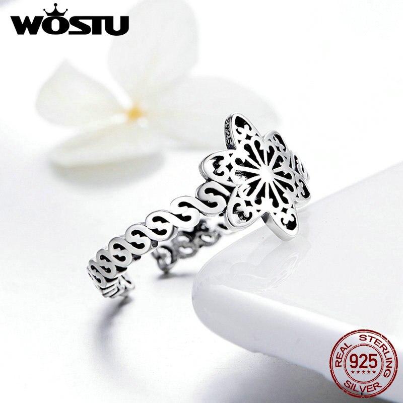 Wostu Authentieke 925 Sterling Zilveren Sneeuwvlok Bloem Ringen Voor Vrouwen Verstelbare Zilveren Ring Vinger Wedding Party Sieraden CQR482