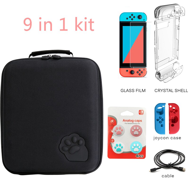 Bolsa de almacenamiento con garra de gato para Nintendo Switch, carcasa dura para consola NS: black 9 in 1