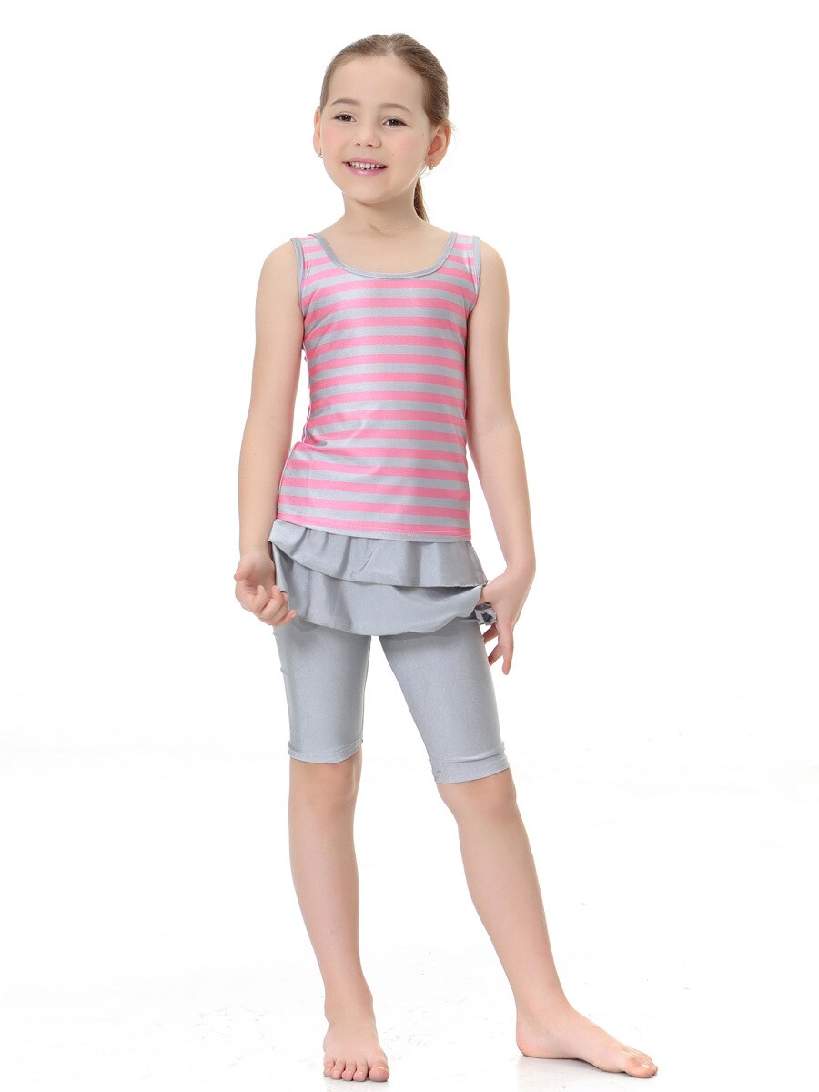 Little Girls Burkini Sleeveless Swimwear Suit Children Striped Muslim Swimsuit Islamic Swimwear Suit