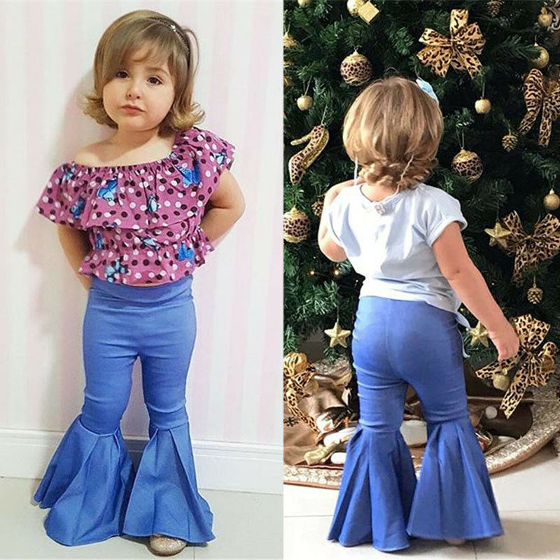 Småbarn barn baby flicka jeans hög midja utsvängda vida ben byxor bell bottoms byxor blå