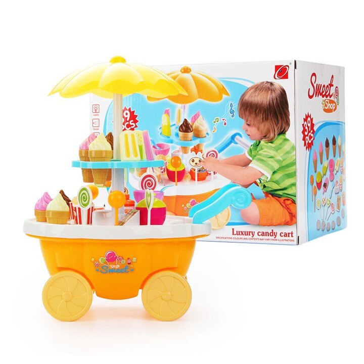 [Funny] Play House Game Kitchen Toys electronic Candy Ice Cream lollipop retail Stroller car with light music toy baby girl