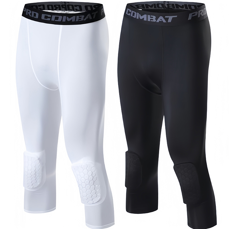 Pantalon de compression de basket-ball avec genouillères pour hommes et garçons, collants de sport de longueur 3/4, leggings d'entraînement rembourrés en accent d'abeille à séchage rapide