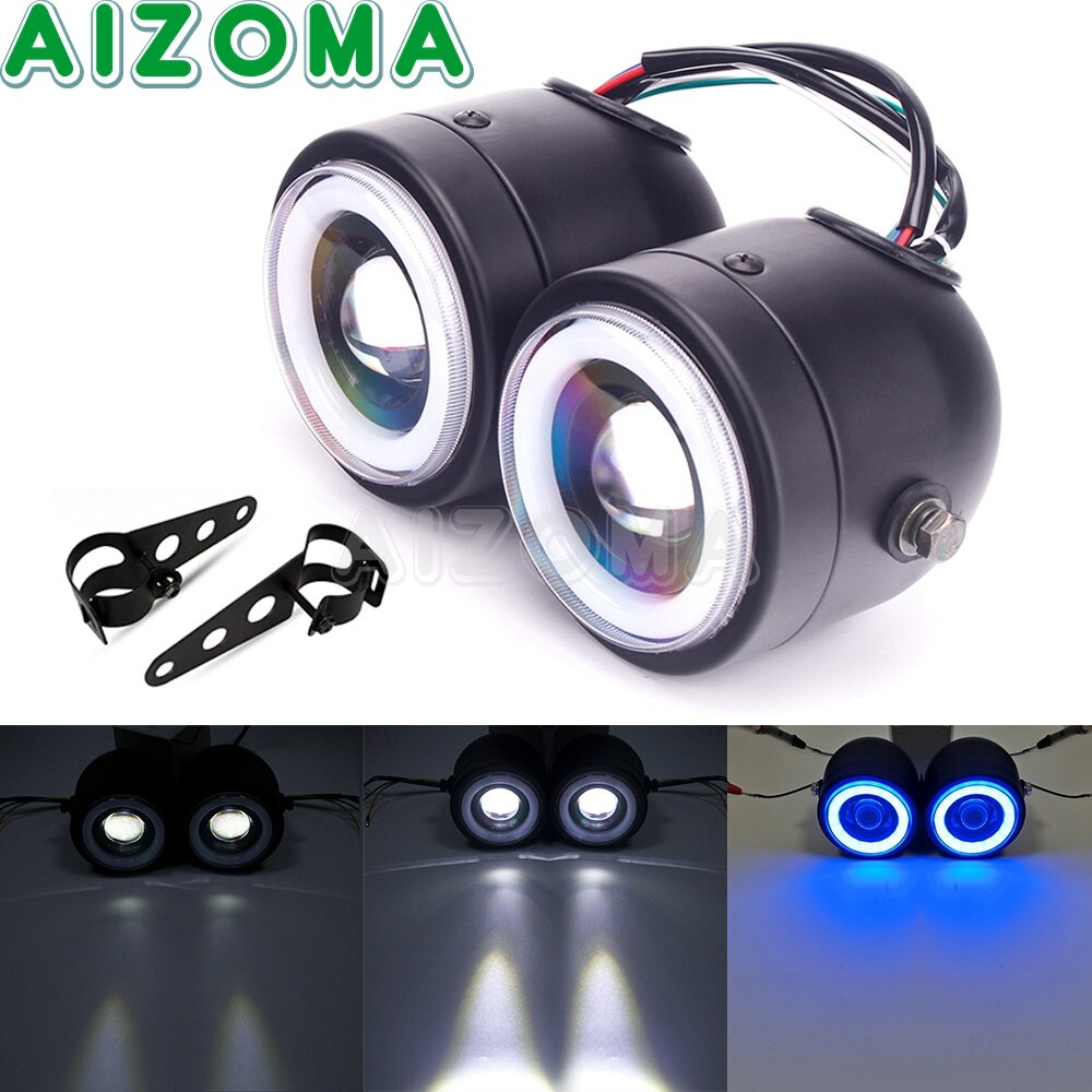 LED Double Dual Lamp Headlight Street Motorcycle Hi/Lo Beam Light W/ Bracket For Harley Touring Softail Dyna Fat Boy FXS FLST: Blue with bracket