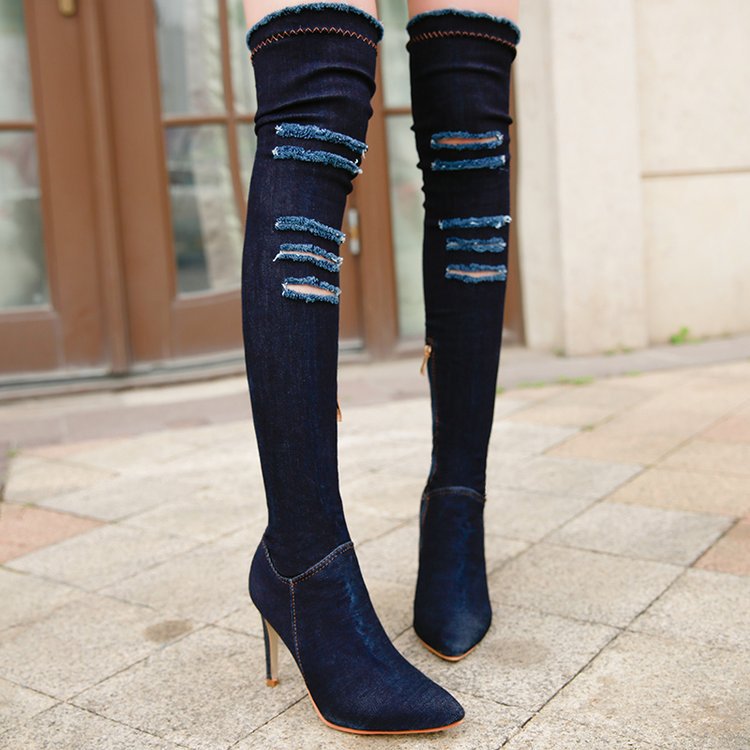 Bottes en Jean à bout pointu pour femmes, chaussures longues à talon haut en Denim bleu, , à lacets: Bleu / 8