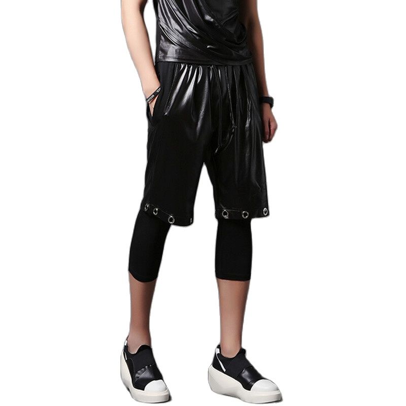 Pantalones elásticos punk de primavera y verano para hombre, traje para actuación de discoteca, leggings casuales vintage para hombre, pantalones de retales de imitación de cuero