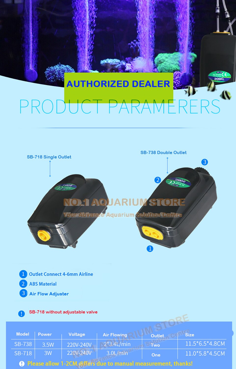 SOBO Silent Aquarium Air Pump Oxygen Pond Aerator Water Fish Tank SB-718 SB-738 3W/3.5W Authorized Dealer