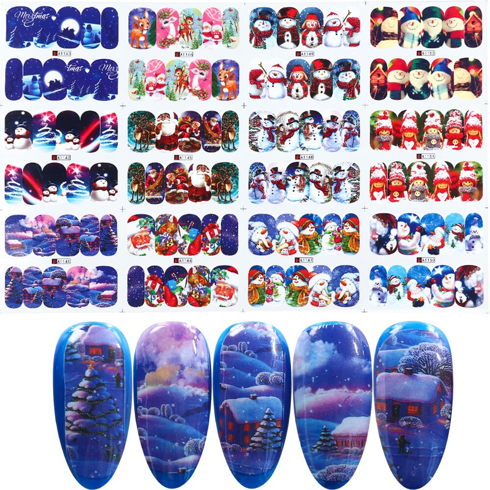 Deslizador de uñas de Navidad, 1 Uds., de uñas de Año de Papá Noel, Elk, muñeco de nieve, ciervo, tamaño grande, cubierta completa, pegatina de transferencia de uñas de agua GLBN/A-1: A1141-1152