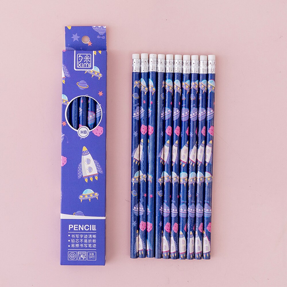 10Pcs/lot Cartoon Boxed Pencils Student Writing Drawing Sketch Pen Set Wooden HB With Eraser Pencil Stationery School Supplies: C