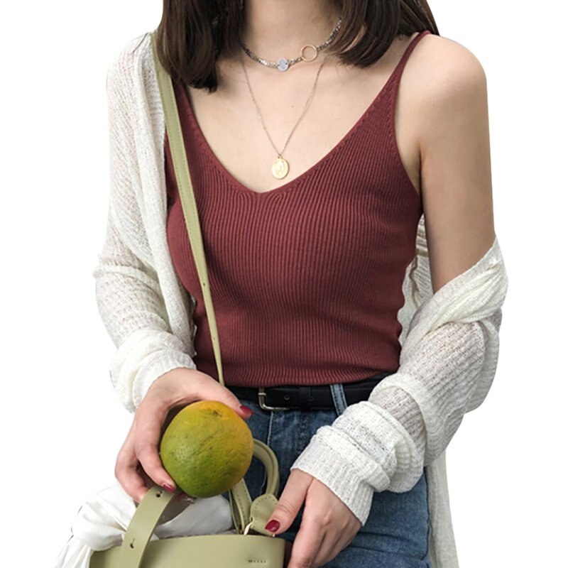 Women Retro V Neck Sleeveless Solid Knitted Tank Top: R