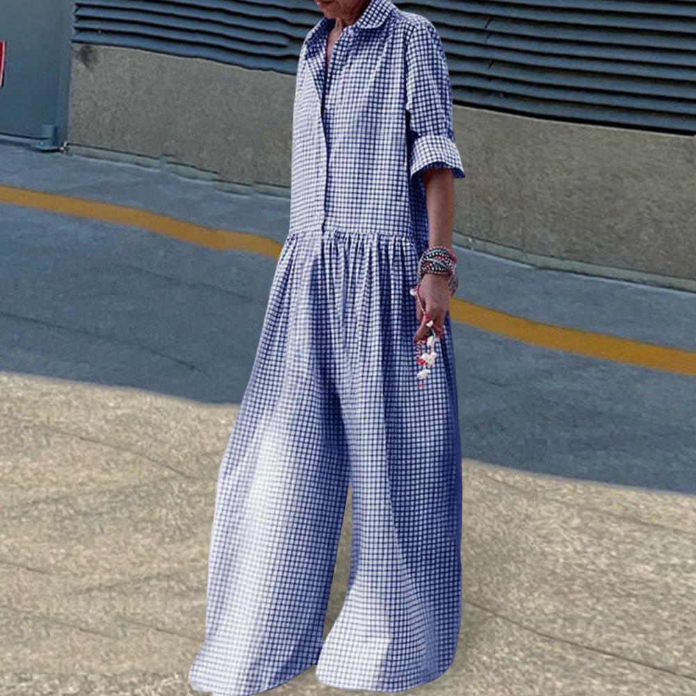 Zachte Jumpsuit Stijlvolle Ruitjesprint Dames Jumpsuit Met Lange Mouwen Wijde Pijpen Casual Losse Pasvorm Voor Een Modieuze Look Elastisch