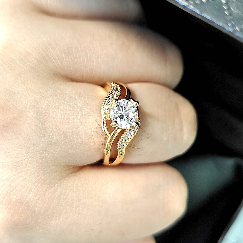 Champagner Gold Kristall Klassische Hochzeit Ringe Für Frauen Luxus Elegante Weiß Zirkon Engagement Ringe Schmuck Party