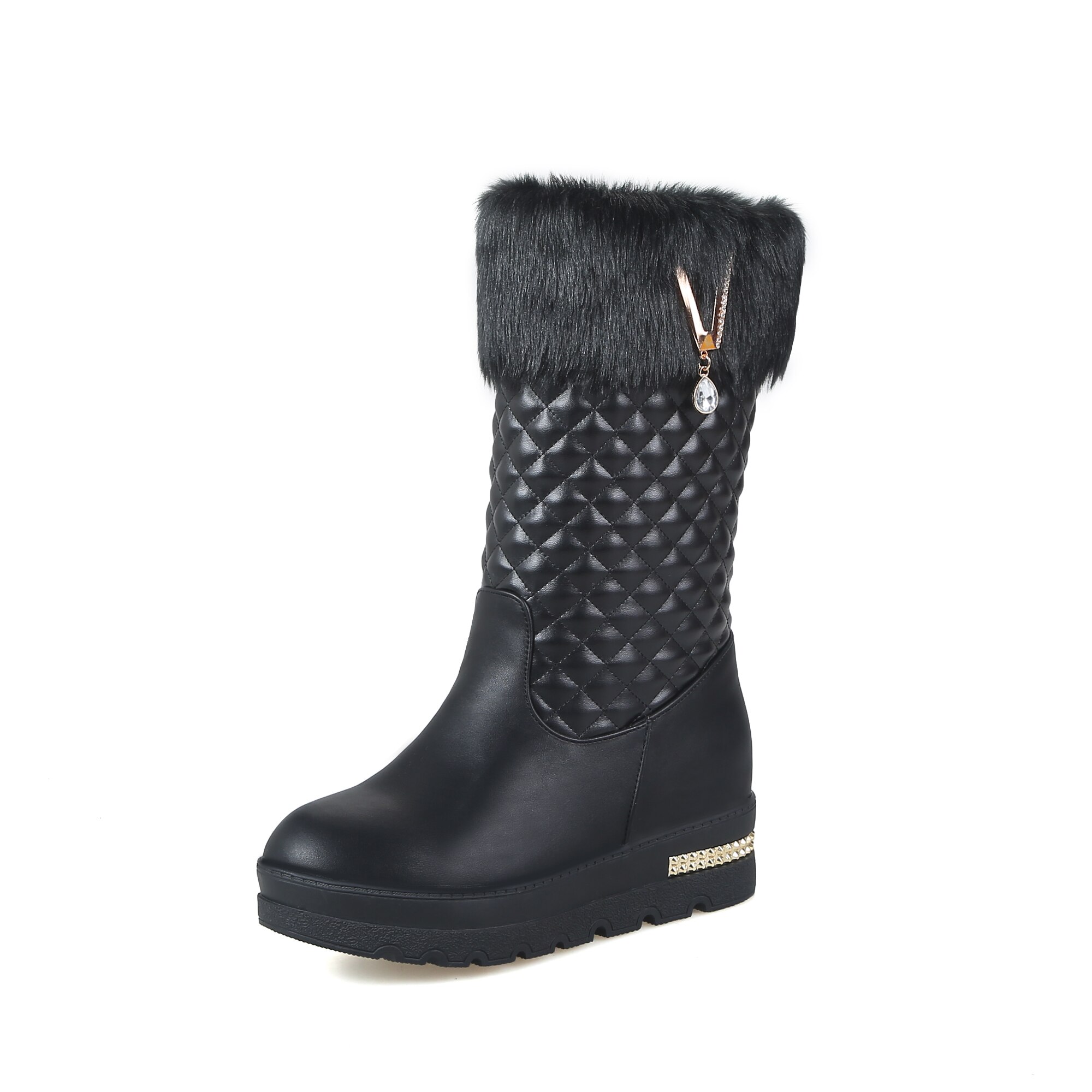 Bottes de neige avec strass pour femme, chaussures chaudes en fourrure épaisse, mi-mollet, , k879: Black / 4.5