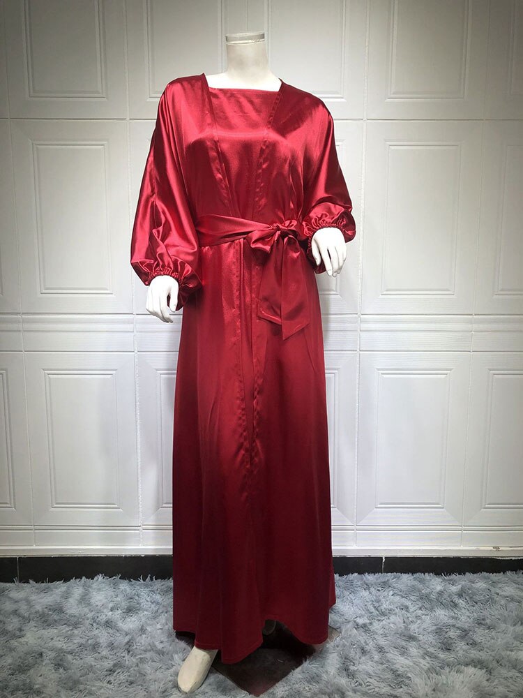 Arabischen 2 stücke Abaya Set Arabisch Kaftan Frauen Seidige Kimono + Sleeveless Langes Kleid Muslimischen Spiel Anzug Dubai Islam Modest outfit Ramadan: red set no scarf / L