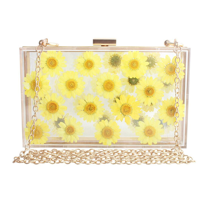 Women Acrylic Sunflower Printed Clear Purse Transparent Crossbody Bag Through Handbags Evening Clutch Events Approved: Yellow Chain