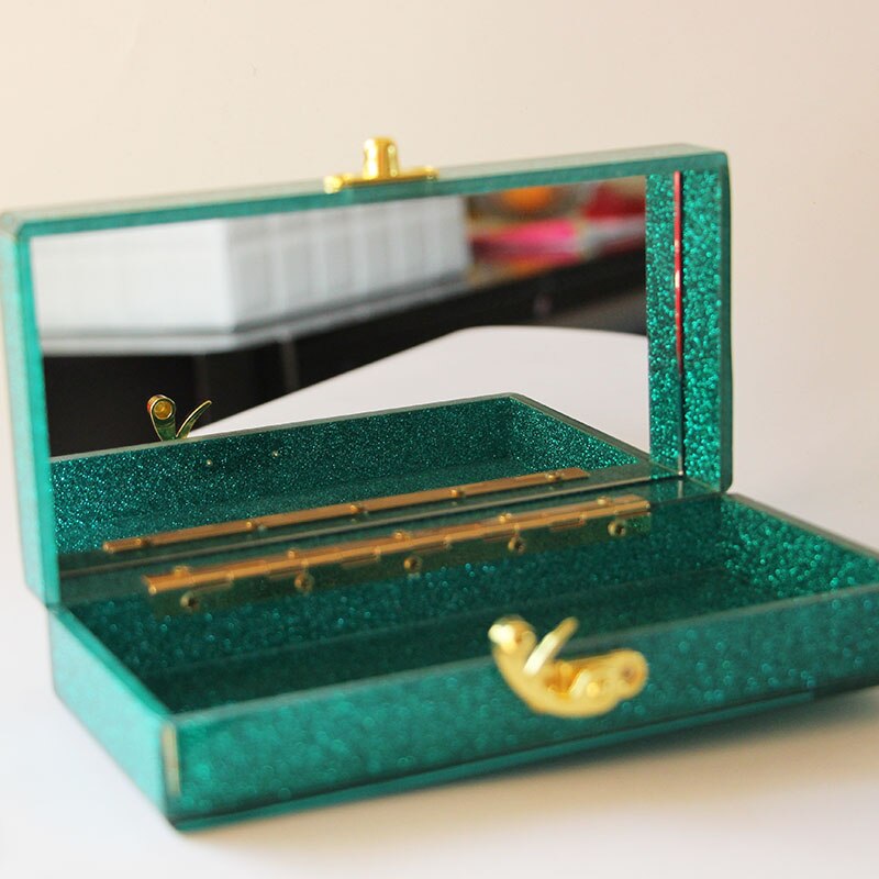 Pochette à paillettes vertes 18x9 CM, boîte acrylique faite à la main à la , sacs de soirée de mariée, plage d&#39;été, Mini boîte à rabat miroir