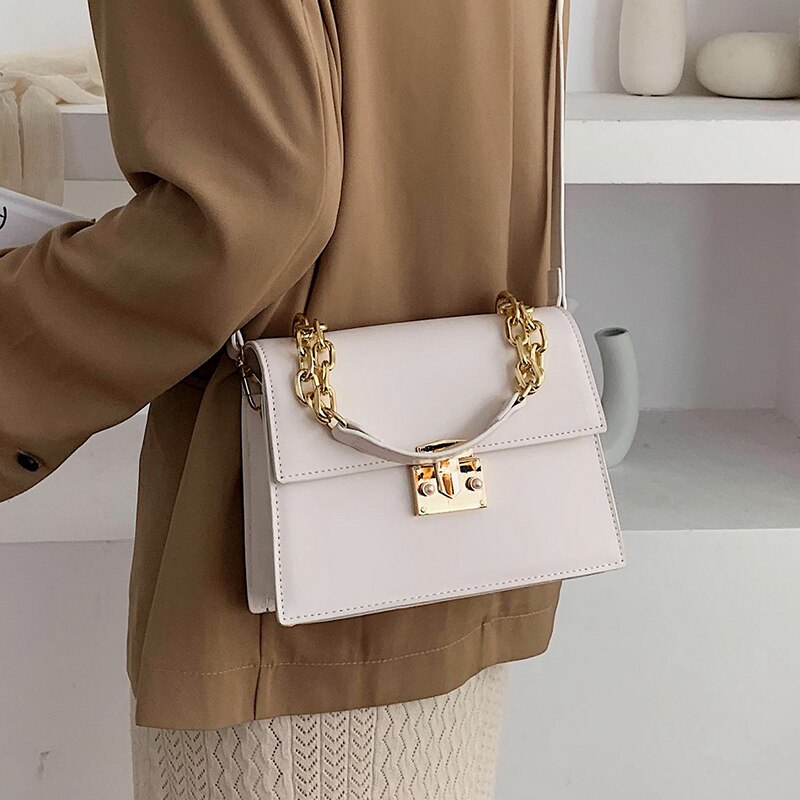 Female Chain Tote bag PU Leather Women's Handbag Lock Shoulder Messenger Bag: creamy-white