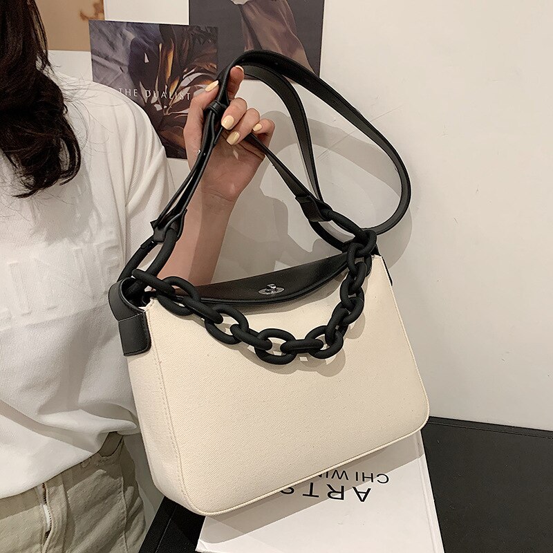 Hit Kleur Canvas Tas Keten Bag Een Schouder Draagbare Grote Capaciteit Tas Toevallige dame Messenger Bag: Black