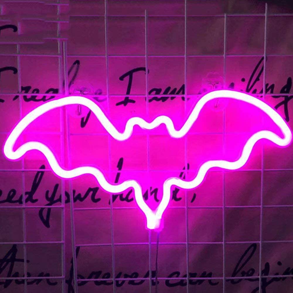 Lyserøde flagermus neonskilte nat led lys til værelse vægdekoration halloween fest hænge op dekorativ drevet af usb og aa batteri