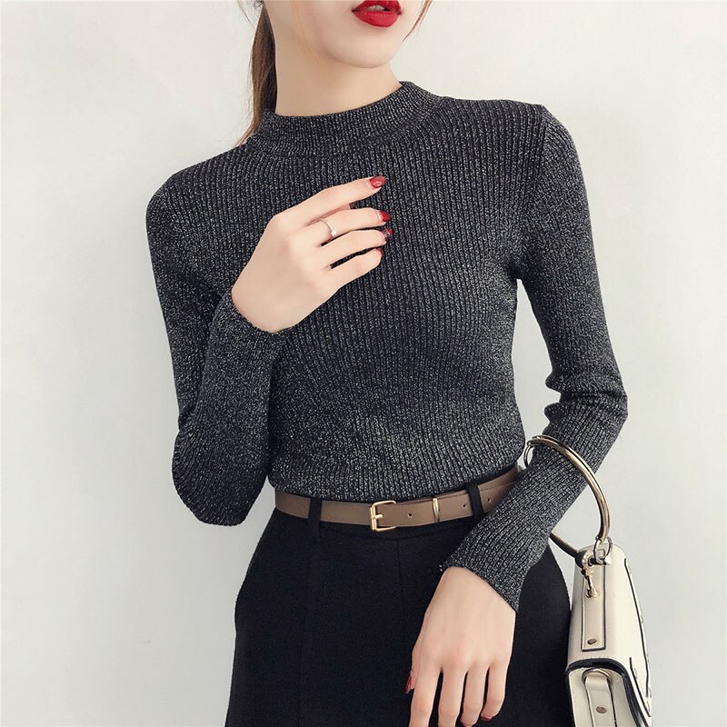 Suéter de lurex brillante para otoño e invierno, jersey de manga larga para mujer, suéteres básicos de cuello alto, tops de punto de estilo coreano para mujer: Negro
