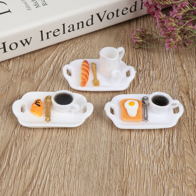 1:12 Dollhouse Miniatuur Ontbijt Sets Hamburger Croissant Toast Ei Koffie Met Lade Keuken Voedsel Accessoires