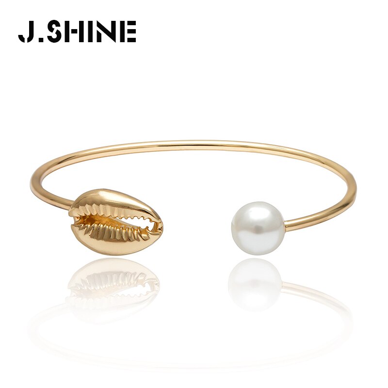 J. zonneschijn Twee-tone Boho Natuurlijke Shell Armbanden Bangles Eenvoudige Seaside Porceleinslak Imitatie Parel Armband op Vrouwen Hand Beach Sieraden