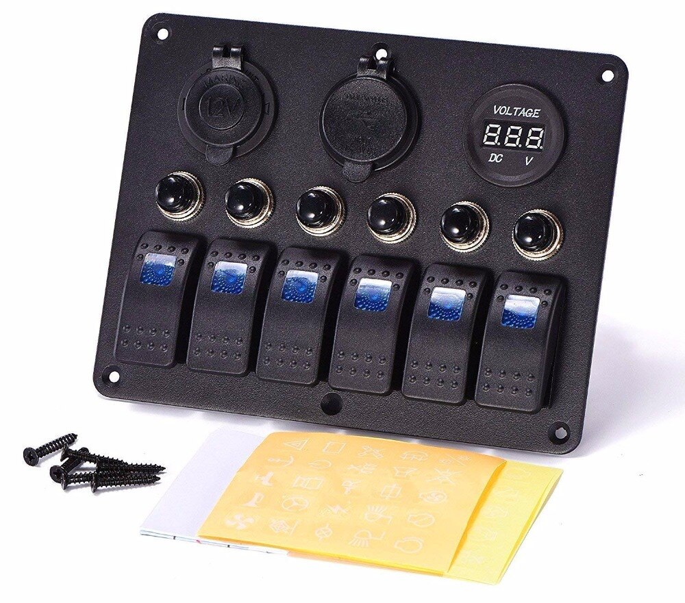 6 Gang Car Marine Boat Circuit RV LED Toggle Rocker Switch Panel Breaker Voltmeter with Fuse Double USB