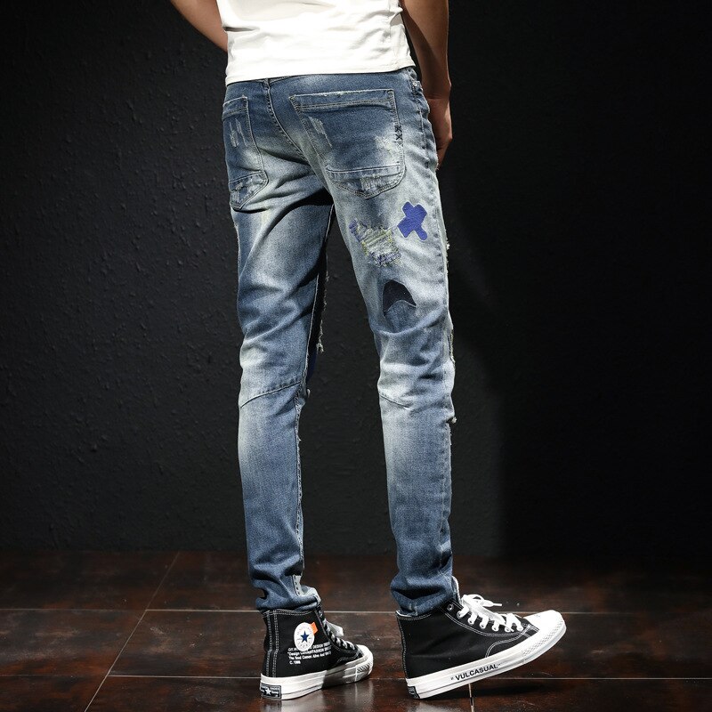 Pantalones vaqueros rasgados con parche bordado pa... – Grandado