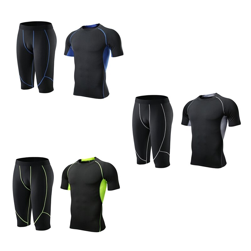 Männer der Sportswear Elastische Fitness T-shirt Schnell Trocknende Tops Kurze Hosen Sport Engen Kalb-länge Hosen Shorts Set neue