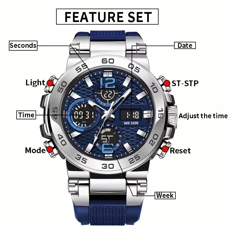 Relógio eletrônico digital masculino multifuncional com despertador, data de luz noturna, seleção de presente para entusiastas ao ar livre