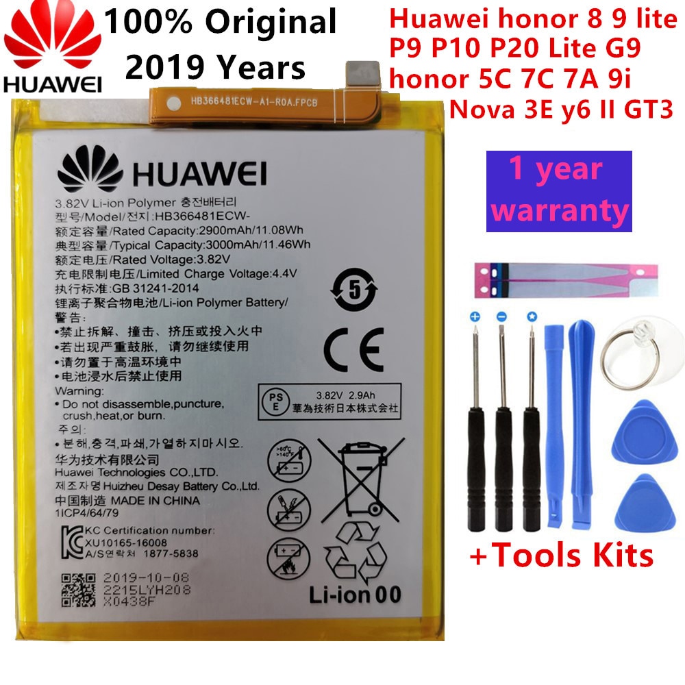 100% Originele Real 3000 Mah HB366481ECW Voor Huawei P9/P9 Lite/Honor 8 5C/G9/P10 lite/P8 Lite /P20 Lite/P9lite Batterij