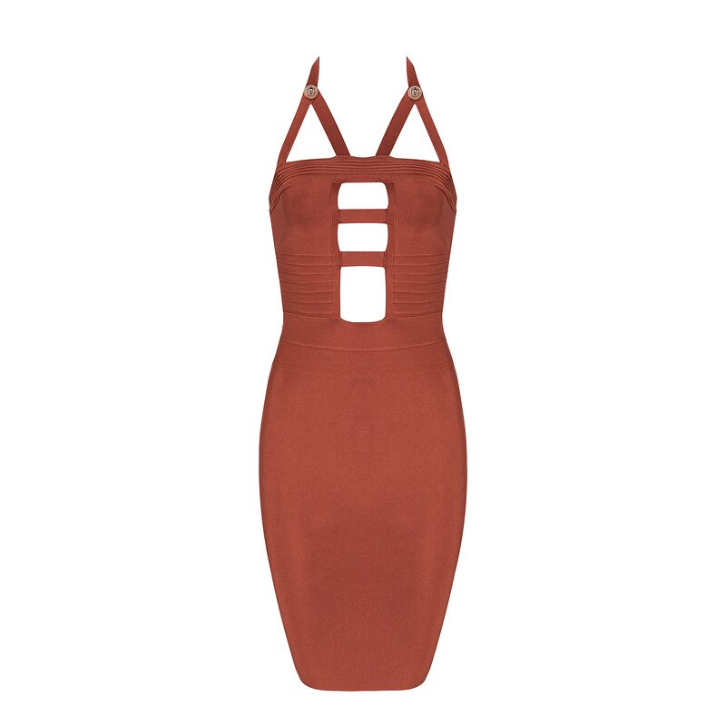 nude hollow out double strap rayon knitted knee length bodycon bandage dress: Red bronze / XS