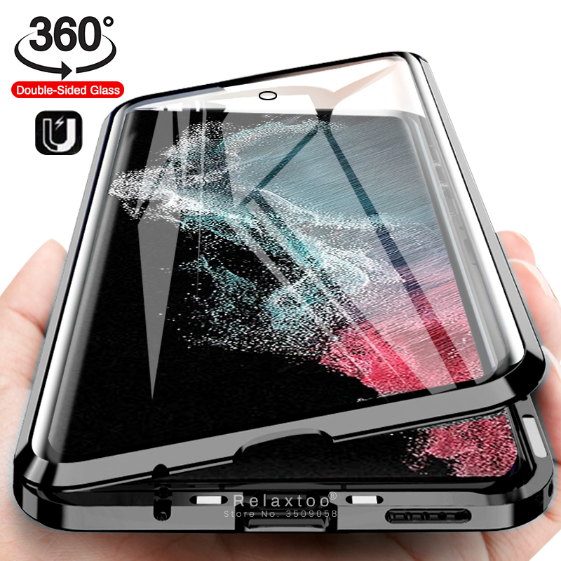 Samung S22 Ultra 360 ° dwustronne szkło hartowane Matel zderzak pełna osłona ochronna do Samsung Galaxy S22 Ultra Magnet Flip Coque
