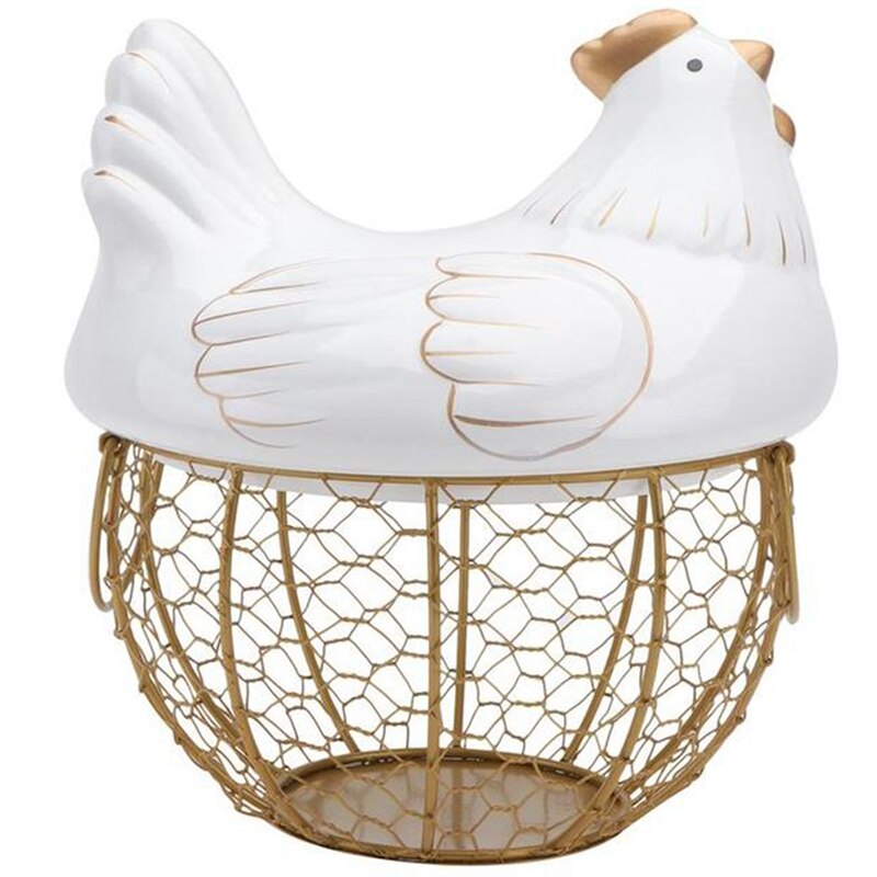Keramik Eisen Huhn Ei Korb Halfter Snack Obst Kleinigkeiten Lagerung Kasten Henne Ornamente Container Veranstalter Gestell: Weiß   Gold