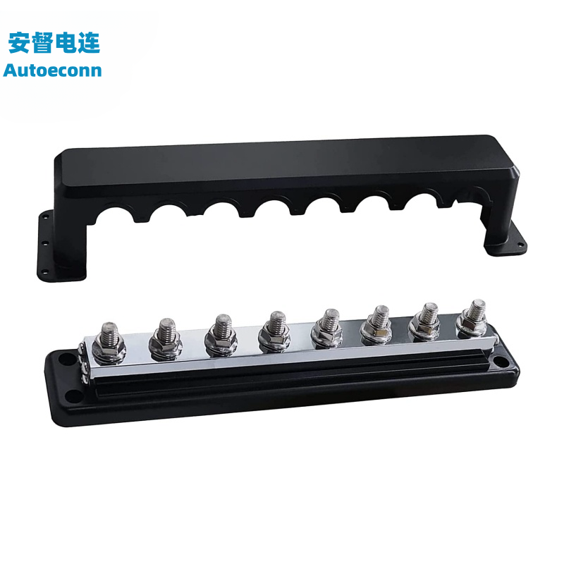 600A Bus Bar Heavy Duty Power Distribution Block Battery Marine RV Car 48V DC 8X M10(3/8") Terminal Studs Bus Bar Box: black
