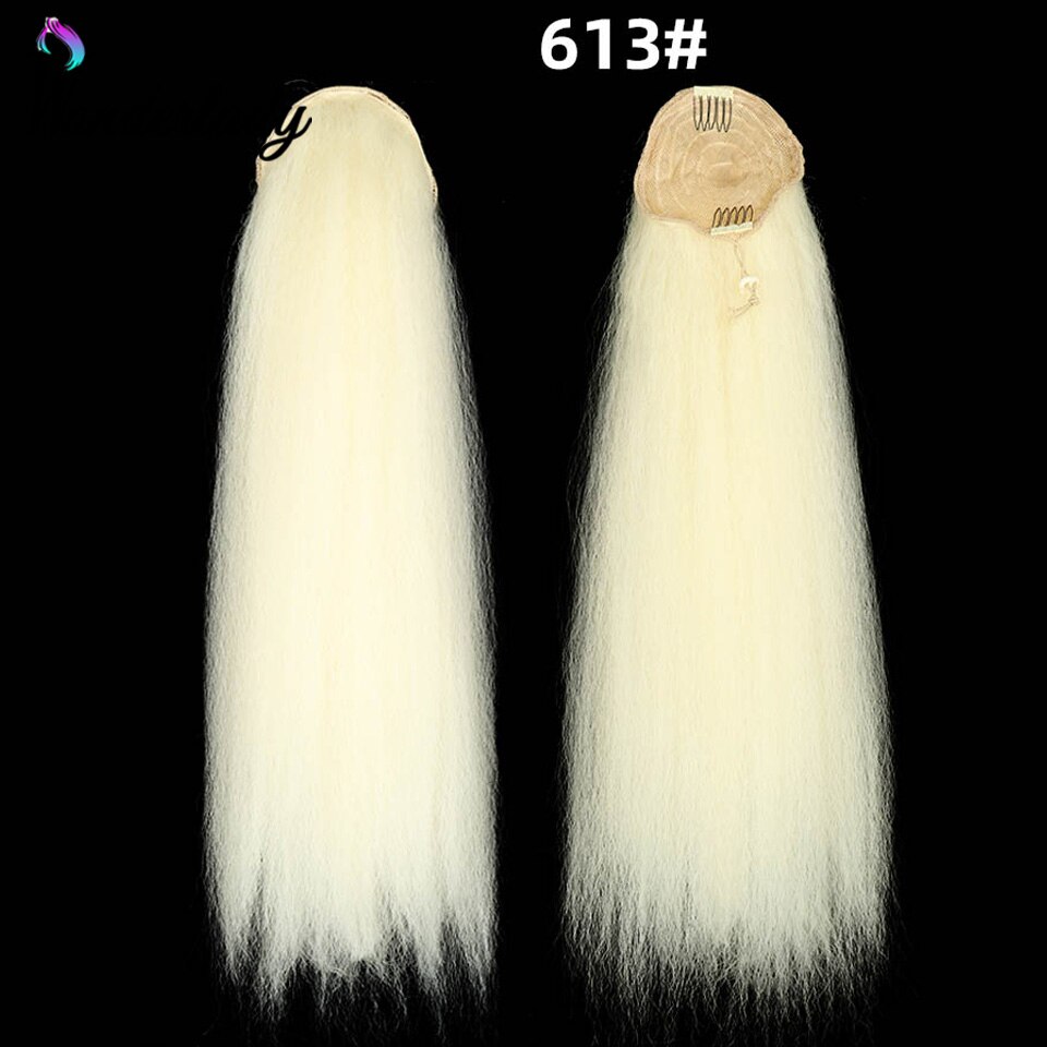 WonderLady Afro Yaki Straight Drawstring Ponytail Synthetic Hair Extensions Long Hairpiece Wrap Around Ponytail For Women Black: 613 SLQ25